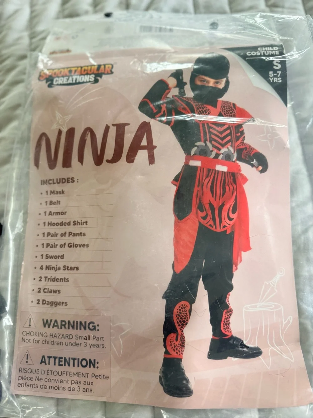Ninja Kids Costume - Red and Black Hooded Outfit (Small 5-7 yrs)